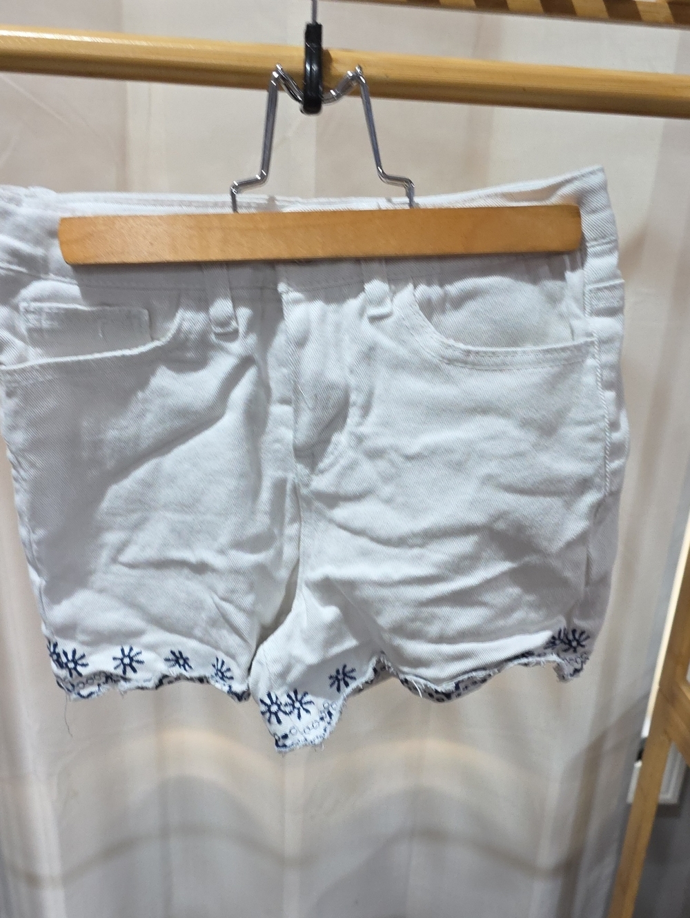Vigoss White Denim Shorts with Navy Embroidered Hem